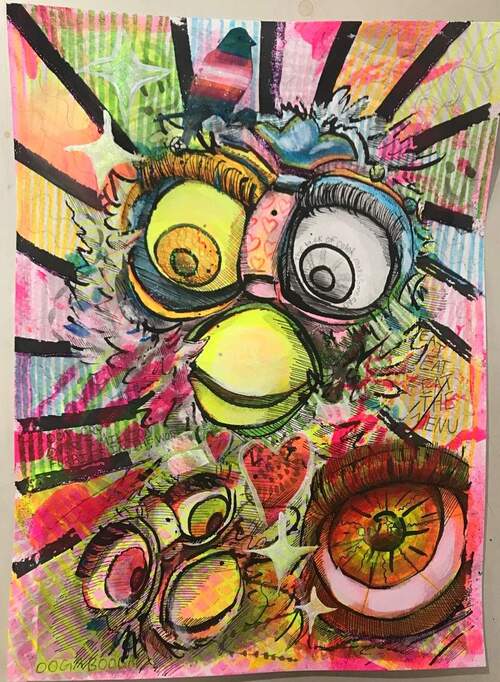 a mixed media peice featuring furby faces, glitter, and bright colors