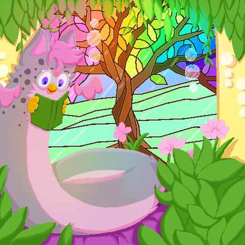 Pixel art of a gray and pink long furby reading a book agianst a rainbow tree stained glass window with light streaming in.