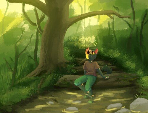 a cat furry character sitting in a forest
