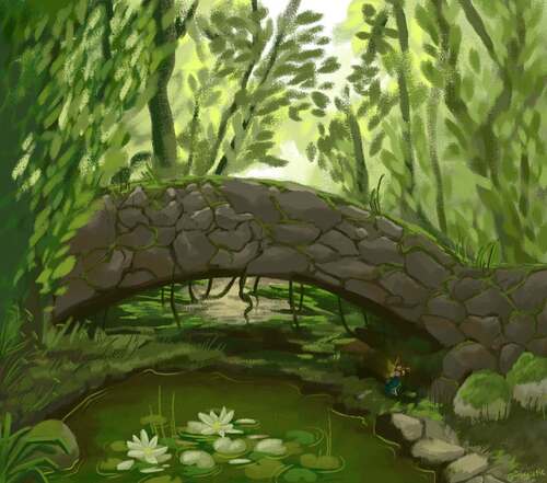 A pond in a sunny forest with a stone bridge overhead, very tiny glowing fairy underneath it.