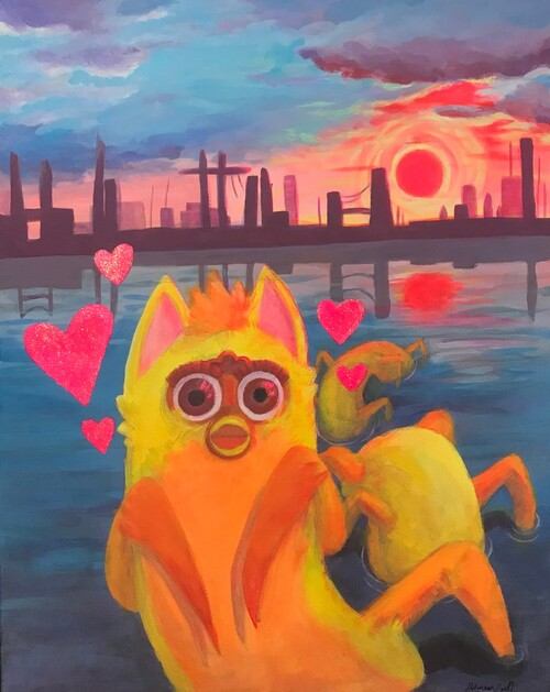 A painting of a yellow and orange long furby approching the veiwer from within the water like a loch ness monster. In the background is a cityscape and a sunrise.
