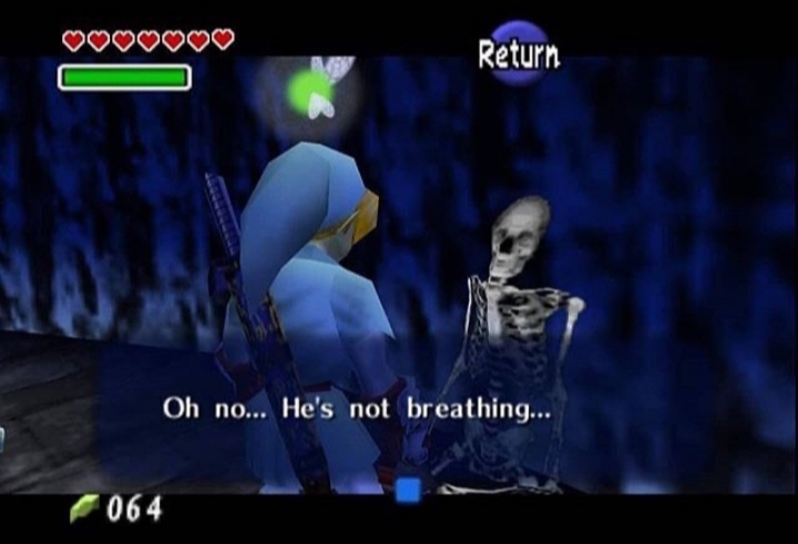 screenshot of a Legend Of Zelda game where Link is looking at a skeleton. Link says 'oh no... he's not breathing'