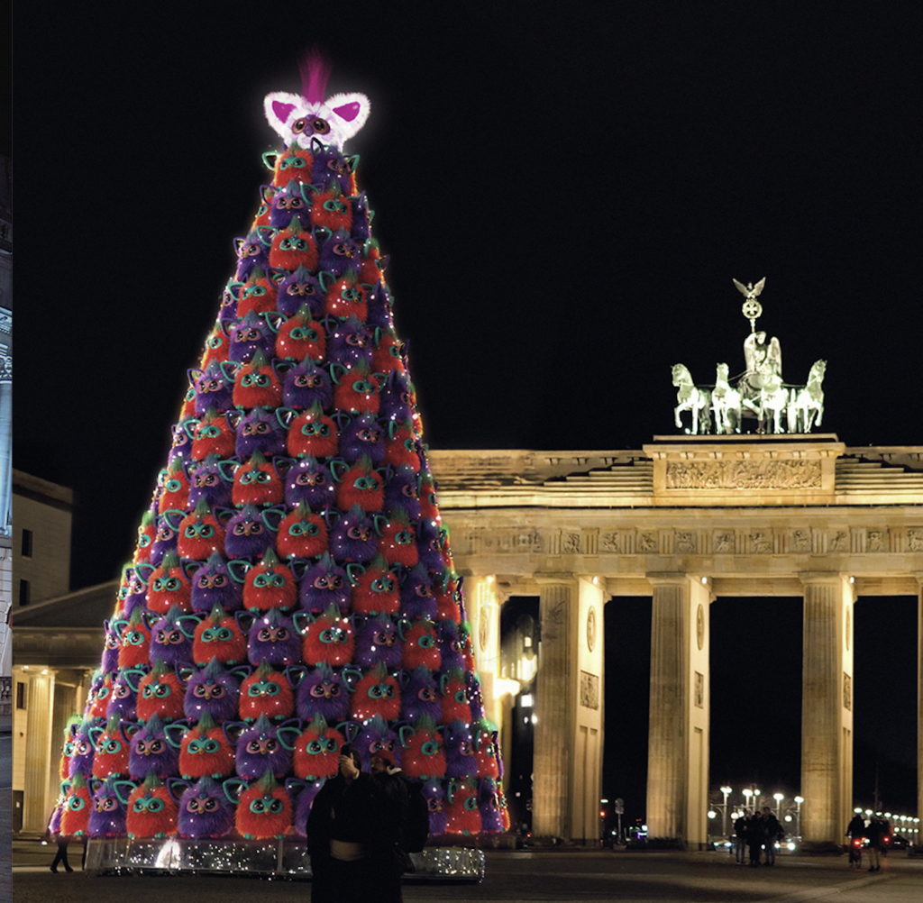 a christmas tree made out of 2023 furbies.